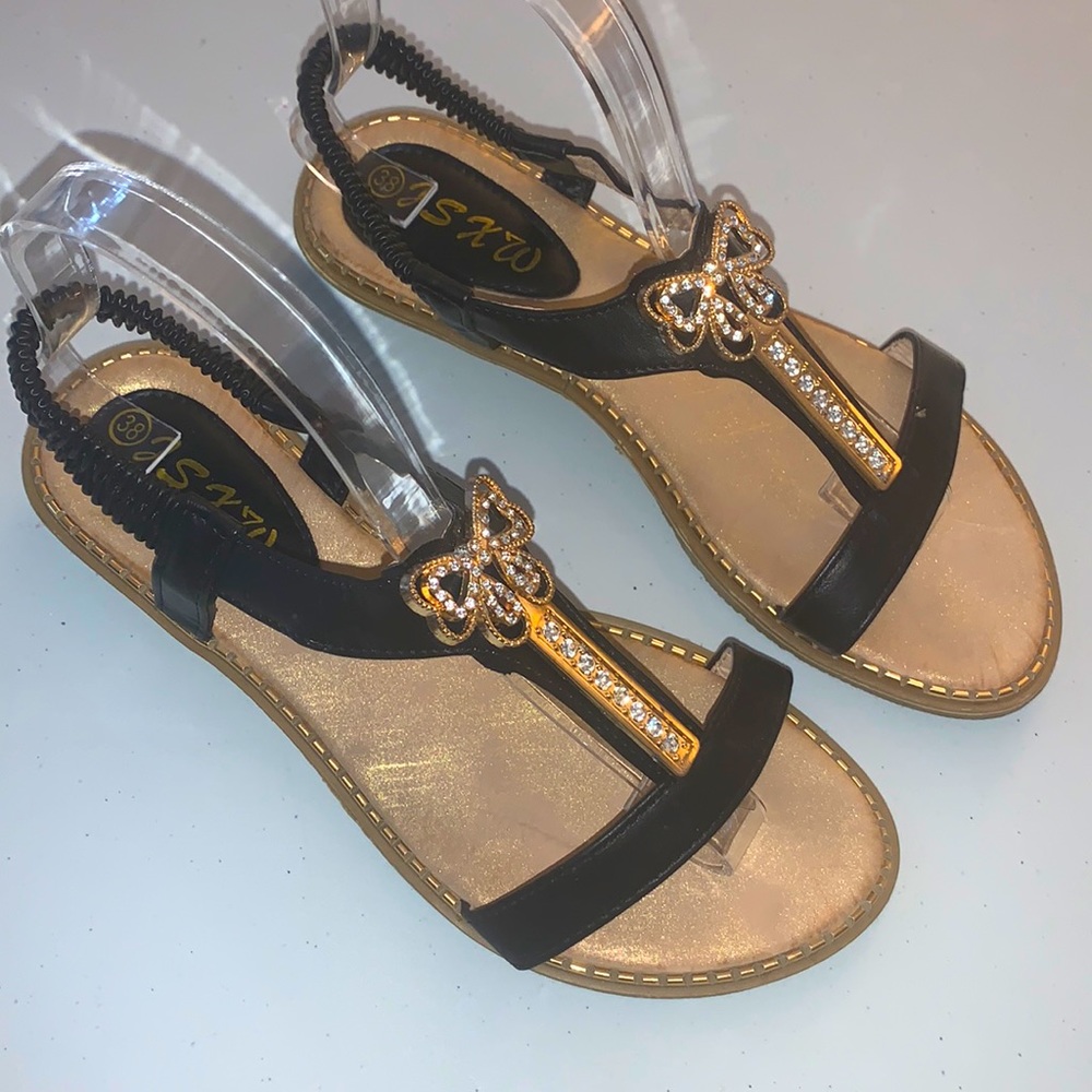 COPY - 🅰️$5 ADD ON! T-strap rhinestone embellished black sandals, mules, open t…